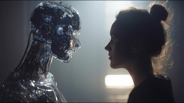 Woman facing a futuristic humanoid robot in dramatic side light