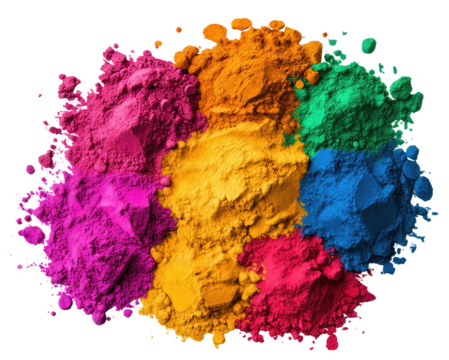 Bright Holi powders in a mix of bold, joyful colors