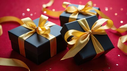 Three black gift boxes with gold ribbons on red present