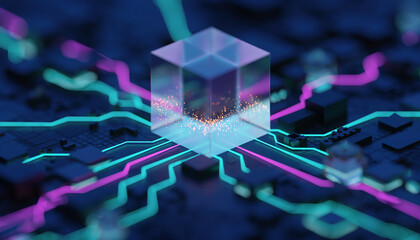 Futuristic blue light pattern on an electronic circuit board background conveying technology and digital communication design