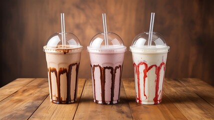 Trio of Delicious Milkshakes in Plastic Cups with Dome Lids, Drizzle, and Straws on a Wooden Table