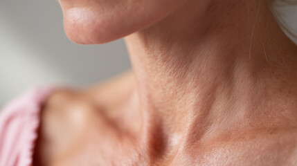 Fototapeta premium Close up of mature woman neck and upper chest skin showing natural texture, fine lines, and healthy complexion in soft natural light