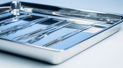 forceps. A neatly arranged surgical instrument tray in a clean, clinical setting. STEM education sheets, lab safety posters, designed for biotech research communications, used by data scientists.

