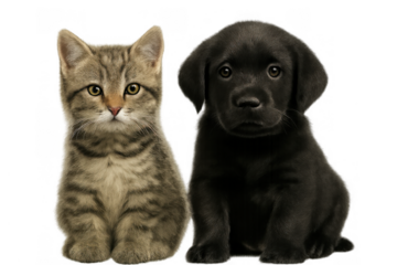 Kitten and puppy sitting together, expressing friendship, companion, and domestic pet animals concept with transparent background