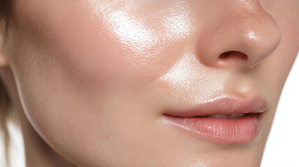 Naklejka premium Glowing skin with light reflection on smooth cheek, close up of youthful female face, healthy complexion, natural beauty, soft lips, radiant and hydrated appearance