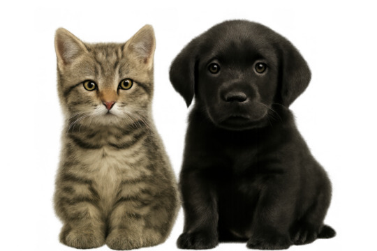 Kitten and puppy sitting together, expressing friendship, companion, and domestic pet animals concept with transparent background