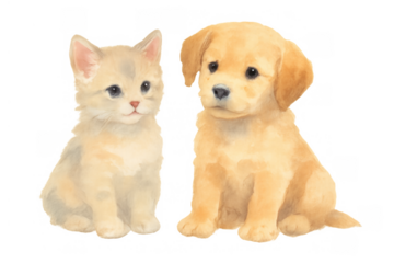 Cute watercolor kitten and puppy sitting together, expressing friendship, pets, and animal companionship, transparent background