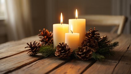 Three lit pillar candles with pine cones and pine needles
