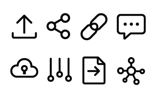 Digital Sharing Icons. Digital Sharing linear icon set: upload arrow, share icon, link nodes, message bubble, cloud pass, data stream, shared file tile, network spark