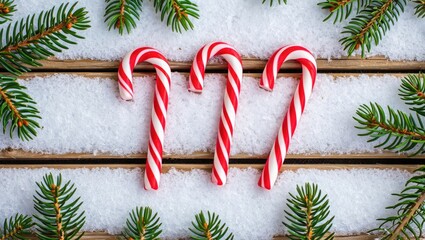 Three Red White Candy Canes Snow Pine Branches christmas