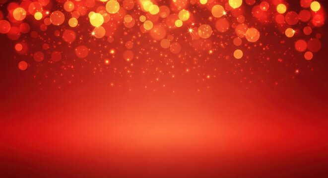 Vibrant red background with sparkling golden bokeh lights and glitter