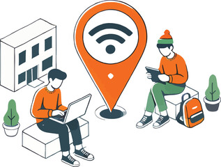 People using wi-fi at a public spot with laptop tablet and location pin illustration
