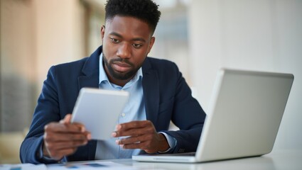 Bearded male financial analyst seated at a sleek desk in a modern office