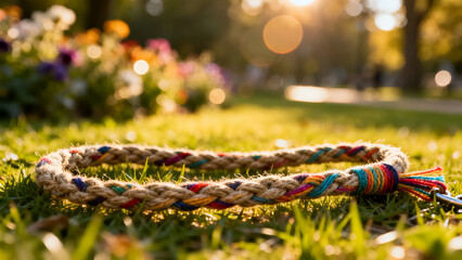 Close-up of a vibrant braided rope on green grass, perfect for pet accessories or garden decor.