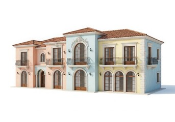 Architectural row of mediterranean style houses, pastel colors