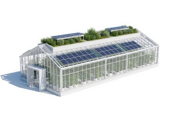 Modern greenhouse with solar panels, green roof and plants inside