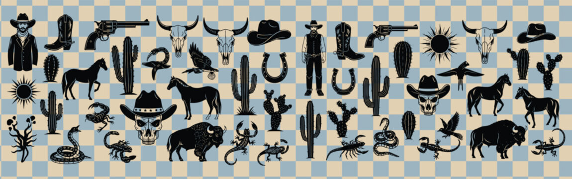 Seamless wild west pattern with cowboy elements on a checkered background for textile and design