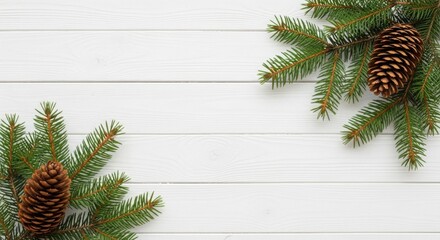 Christmas fir branches and pinecones on clean white wooden background