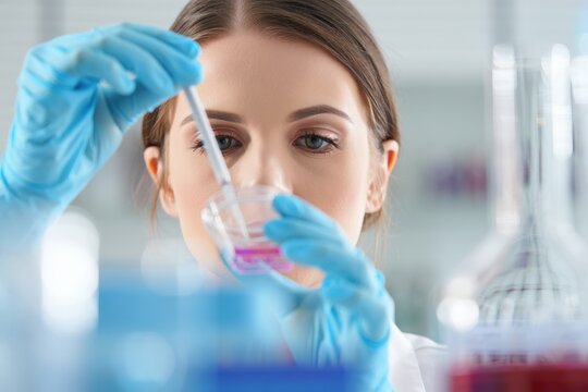 Female microbiologist in a sterile laboratory performing precise pipetting.