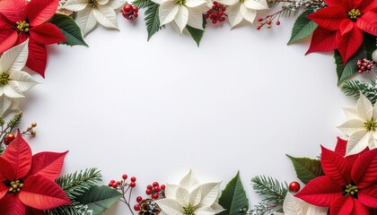 Festive holiday decoration featuring poinsettias white background floral arrangement bright and cheerful atmosphere top-down view seasonal celebration concept for seo impact