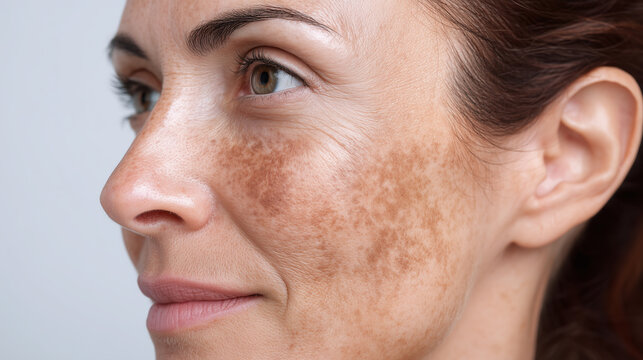 Macro of dark spot pigmentation on cheek facial skin detail adult woman closeup dermatology uneven tone natural aging healthy calm expression
