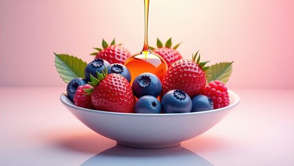 A delicious assortment of fresh berries in a bowl, drizzled with honey