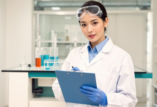 Photographed laboratory researcher pristine white lab coat with clipboard
