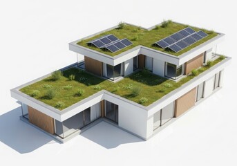 Contemporary eco-friendly house, green roof, solar energy system
