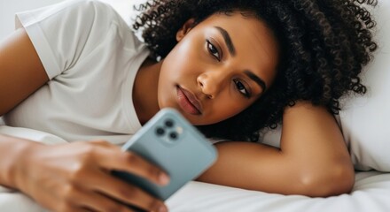 A pensive young woman with beautiful curly hair lies in bed in the morning, looking at her smartphone with a thoughtful and melancholic expression on her face