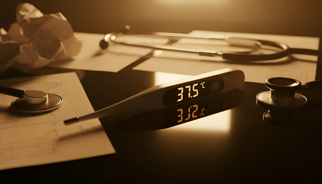 A thermometer and stethoscope on a desk with crumpled papers, ideal for healthcare articles or medical blogs.