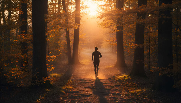 Lone runner jogging in an autumn forest at sunrise, ideal for health and fitness campaigns or serene nature scenes. - Powered by Adobe