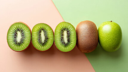 Geometric arrangement of kiwi and apple on pastel background for design