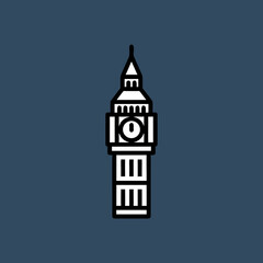 A minimalist line art illustration of Big Ben clock tower in London, United Kingdom, against a dark blue background.