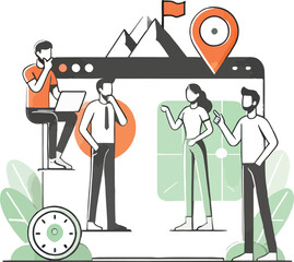 Teamwork and business strategy with location targeting and mountain goal achievement