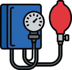 Detailed illustration of a blood pressure monitor with a red bulb gauge and cuff on transparent background