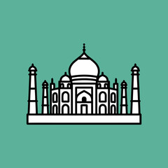 Minimalist line art illustration of the iconic Taj Mahal monument in India against a solid teal background, showcasing its distinctive domes and minarets.