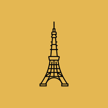 A simple black line art illustration of the iconic Tokyo Tower against a plain mustard yellow background, depicting a famous Japanese landmark.