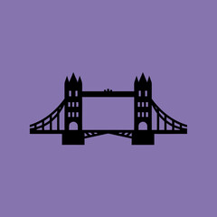 Black silhouette of the iconic Tower Bridge in London, England, set against a solid purple background, a famous architectural landmark.