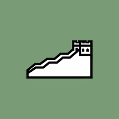 A minimalist graphic illustration of the Great Wall of China with a watchtower on a solid green background.