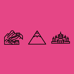 Three black outline icons on a pink background depicting the Great Wall of China, a mountain, and a traditional Asian temple.