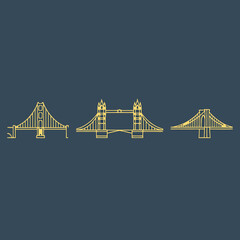 Three iconic world bridges, Golden Gate, Tower Bridge, and Sydney Harbour Bridge, depicted in a minimalist golden outline style against a dark blue background.