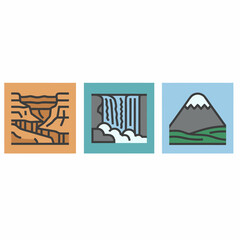 Three distinct nature icons depicting a canyon, a waterfall, and a snow-capped mountain, illustrating diverse natural landscapes.