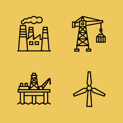 Four line art icons representing industry, construction, oil production, and renewable energy on a yellow background.