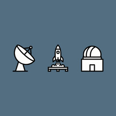 Line art icons representing space exploration, astronomy, and scientific research with a satellite dish, rocket, and observatory.