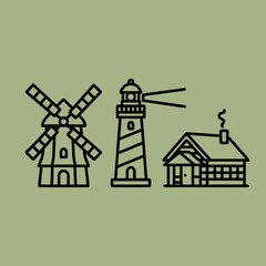 Line art icons of a traditional windmill, a striped lighthouse with light beams, and a cozy house with smoke, set against a solid green background.