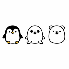 Cute cartoon penguin, seal, and polar bear characters in a minimalist style.