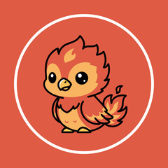 A cute cartoon baby phoenix with fiery orange and red feathers, big eyes, in a white circle on a solid red-orange background.