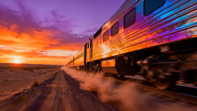 A train journeys through a vibrant desert landscape at sunset, great for travel content or scenic backgrounds.