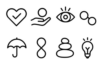 Safety Communication Icons. Safety-Oriented Communication Concepts linear icon set: trust heart, responsibility ring, awareness beam, connection line, prevention curve, unity loop