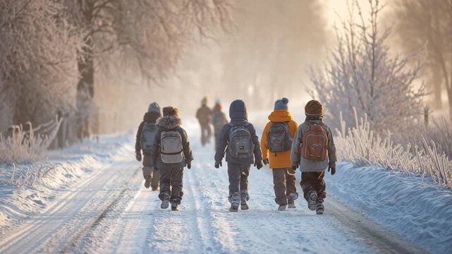 A group of children in winter clothes walk down a snowy rural road on a cold frosty morning